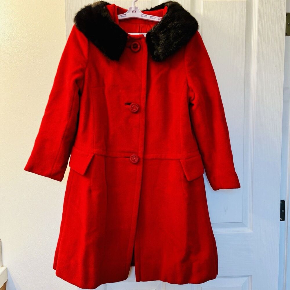 Vtg Styled by Stratton Red Wool Coat Mink Fur Collar 50s 60s Jackie O‎ Union USA